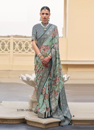 Light Sea Green Silk Floral Digitally Printed Saree For Traditional / Religious Occasions