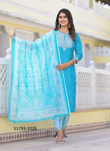 Sky Blue Cotton Printed Festive-Wear Pant-Bottom Readymade Salwar Kameez