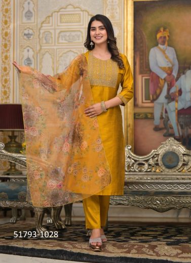 Golden Poly Silk Printed Festive-Wear Pant-Bottom Readymade Salwar Kameez
