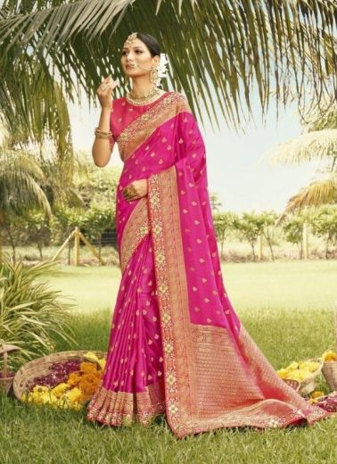 Magenta Weaving & Gota-Patti Work Wedding-Wear Silk Embroidery Saree