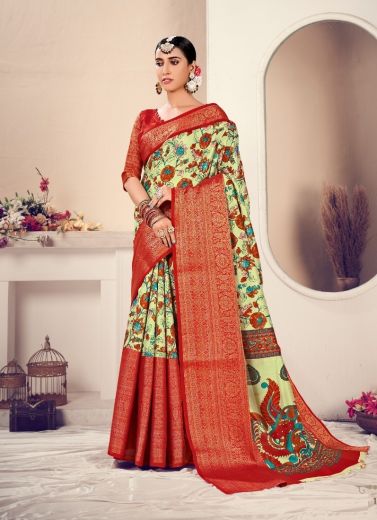 Light Sage Green & Red Floral Printed Silk Saree With Jacquard Border