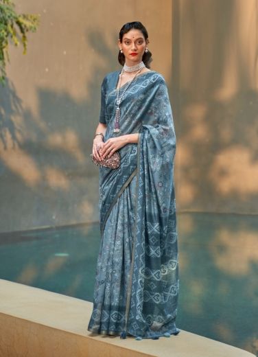 Steel Blue Cotton Printed Summer Special Saree