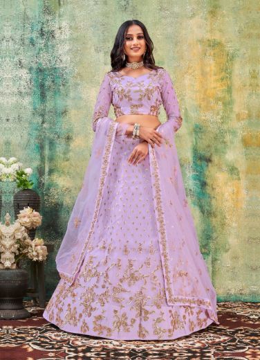 Lilac Net Zari Sequins & Embroidery Work Party-Wear Lehenga Choli