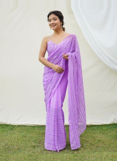 Lilac Georgette Party-Wear Sequins-Work Saree