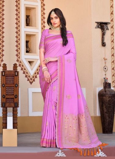 Lilac Woven Silk Pattu (Temple-Border) Saree For Traditional / Religious Occasions