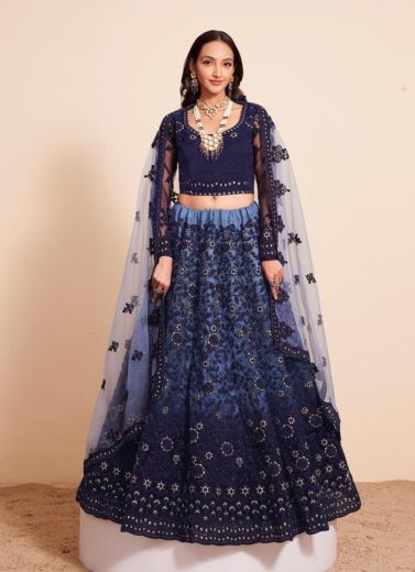Blue Net Handwork Wedding-Wear Bridal Lehenga Choli