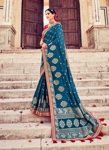 Sea Blue Dola Silk Embroidered Saree For Traditional / Religious Occasions