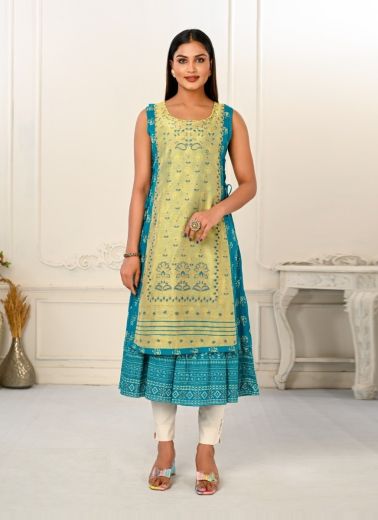 Pista Green & Aqua Cotton Printed Party-Wear Readymade Anarkali Kurti [With Chanderi Shrug]