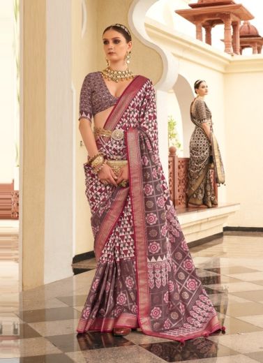 Wine Soft Silk Printed Saree For Traditional / Religious Occasions