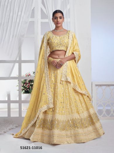 Yellow Chiffon Sequins-work Wedding-wear Gliterring Lehenga Choli