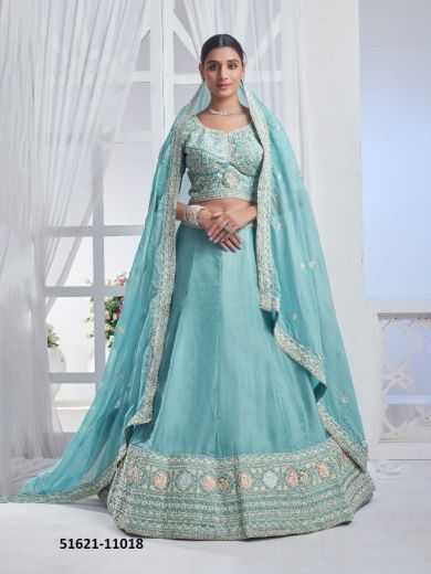 Light Blue Organza Sequins-work Wedding-wear Gliterring Lehenga Choli
