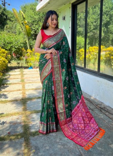 Green Patola Silk Saree With Meenakari Weaving