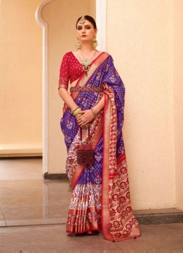 Violet & Red Patola Silk Printed Saree For Traditional / Religious Occasions
