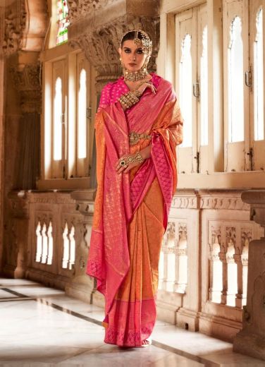 Orange Weaving Festive-Wear Banarasi Silk Saree