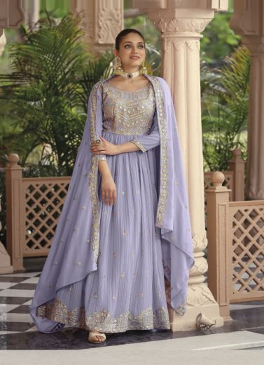 Light Lavender Georgette Embroidered Party-Wear Readymade Gown With Dupatta