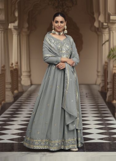 Gray Georgette Embroidered Party-Wear Readymade Gown With Dupatta