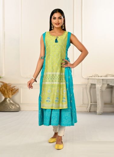 Light Green & Aqua Cotton Printed Party-Wear Readymade Anarkali Kurti [With Chanderi Shrug]