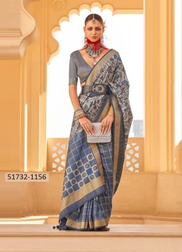 Steel Blue Woven Soft Silk Saree For Traditional / Religious Occasions