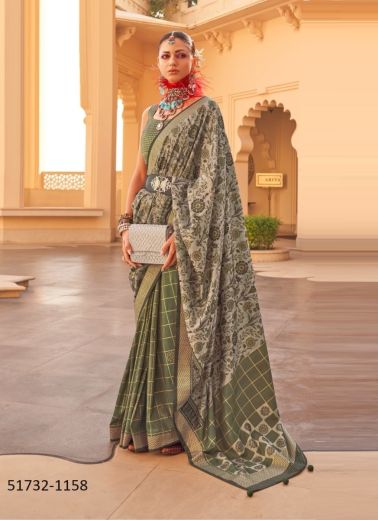 Olive Green Woven Soft Silk Saree For Traditional / Religious Occasions
