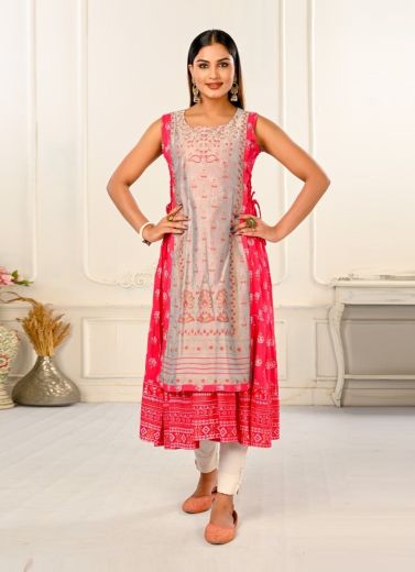 Silver & Dark Pink Cotton Printed Party-Wear Readymade Anarkali Kurti [With Chanderi Shrug]