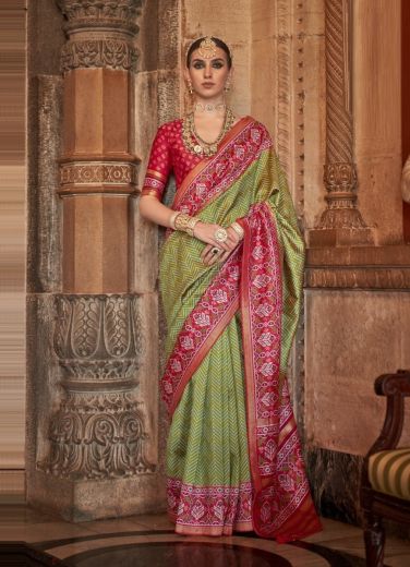 Green & Wine Red Printed Banarasi Patola Silk Saree