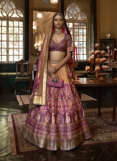 Purple & Orange Rajwadi Silk With Sparkle & Handwork Wedding-Wear Bridal Lehenga Choli