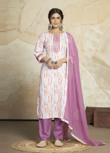 White & Lilac Cotton Blend Printed Office-Wear Pant-Bottom Readymade Salwar Kameez