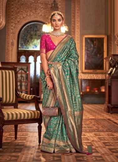Sea Green Banarasi Silk Embroidered Saree For Traditional / Religious Occasions