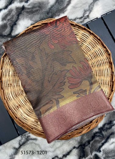 Dark Golden Woven Kota Silk Handloom Saree For Traditional / Religious Occasions