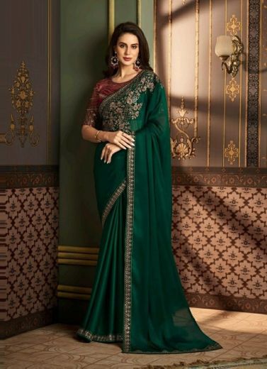 Green Silk Embroidered Festive-Wear Saree With Contrast Blouse