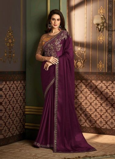 Dark Purple Silk Embroidered Festive-Wear Saree With Contrast Blouse