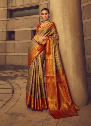 Golden Festive-Wear Banarasi Silk Saree