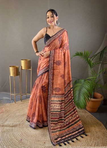 Dark Coral Cotton Tussar Silk Printed Saree For Traditional / Religious Occasions