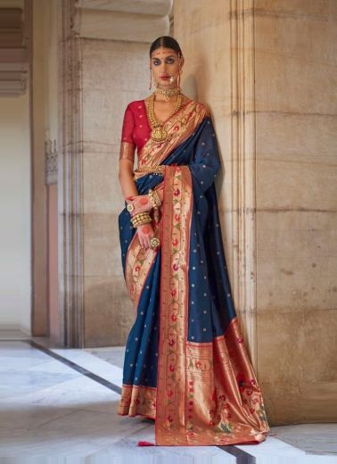 Blue & Maroon Weaving Festive-Wear Paithani Silk Saree
