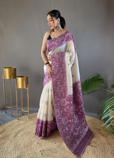 White & Purple Woven Tusser Silk Saree For Traditional / Religious Occasions