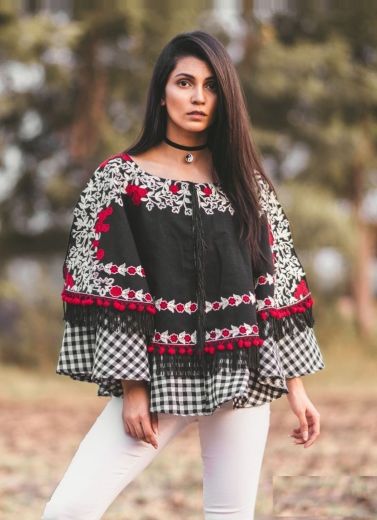 Black & White Khadi Cotton Thread-Work Resort-Wear Poncho