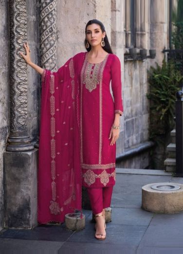 Purplish Red Organza Embroidered Festive-Wear Readymade Pant-Bottom Salwar Kameez