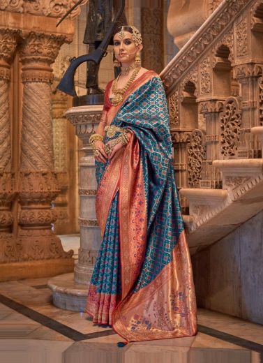 Sea Blue Banarasi Silk Party-Wear Saree With Jacquard Weaving