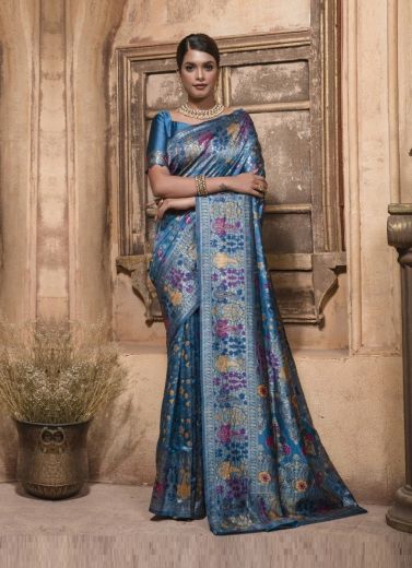Sea Blue Banarasi Woven Silk Festive-Wear Saree