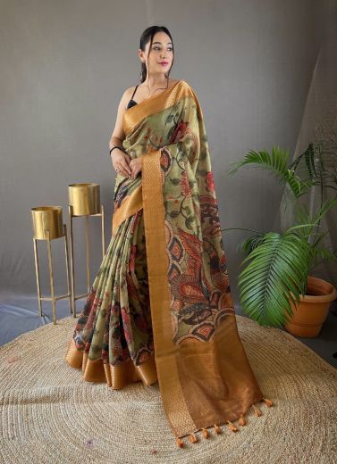 Pista Green Tussar Silk Floral Digitally Printed Festive-Wear Saree