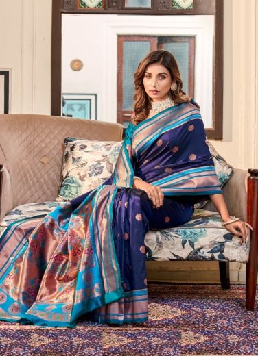 Blue Woven Paithani Silk Saree For Traditional / Religious Occasions
