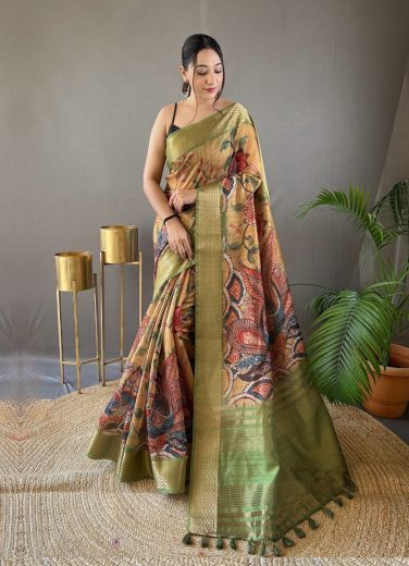 Marigold Tussar Silk Floral Digitally Printed Festive-Wear Saree