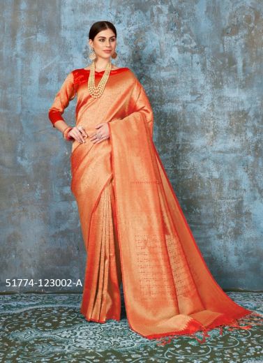 Orange Woven Banarasi Silk Saree For Traditional / Religious Occasions