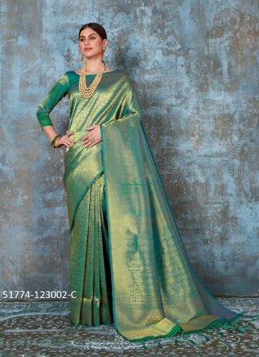 Sea Green Woven Banarasi Silk Saree For Traditional / Religious Occasions