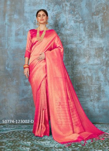 Pink Red Woven Banarasi Silk Saree For Traditional / Religious Occasions