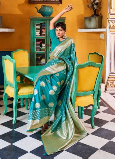 Teal Blue Banarasi Woven Silk Party-Wear Saree