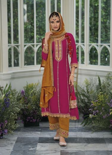 Magenta Silk Embroidered Pant-Bottom Readymade Salwar Kameez For Traditional / Religious-Wear 