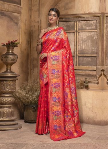 Red Banarasi Woven Silk Festive-Wear Saree