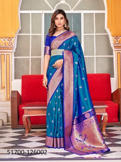 Royal Blue Woven Paithani Silk Saree For Traditional / Religious Occasions