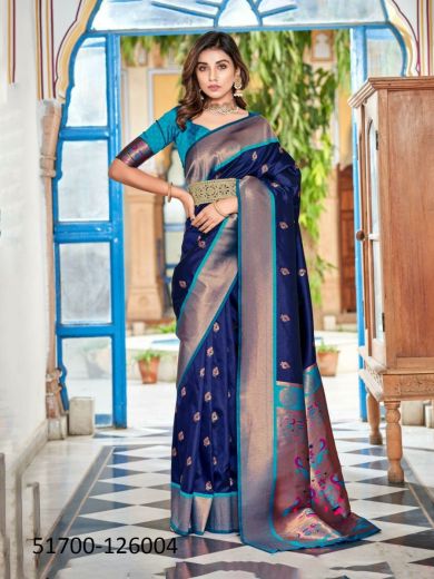 Navy Blue Woven Paithani Silk Saree For Traditional / Religious Occasions